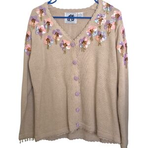 Vintage Storybook Knits Cardigan Sweater M Beige Sequin Floral Beaded Ramie Cott